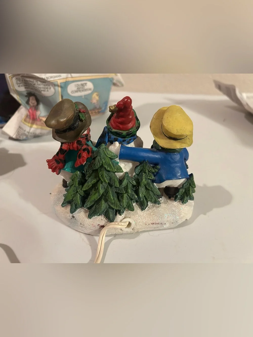 Vintage Snowmen Trio Three Snowmen Warming Up With Fire Figurine Light Up